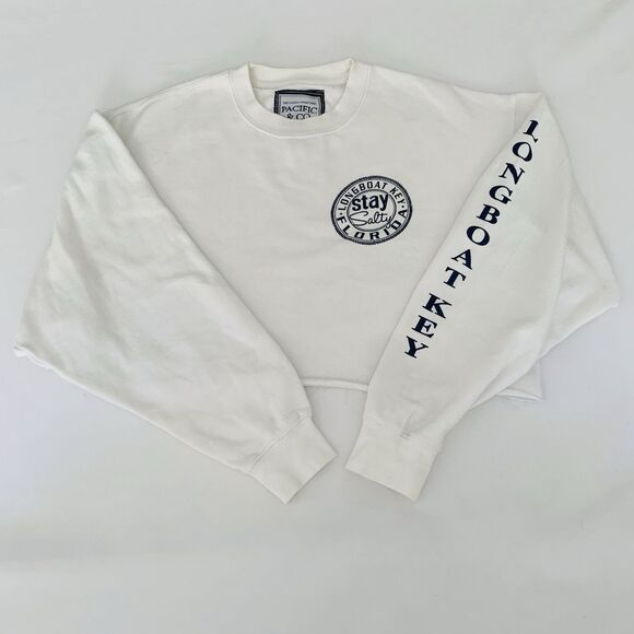 Longboat Key Florida Cropped Sweatshirt Stay Salty Women L White Raw Edge Lounge - Picture 1 of 8